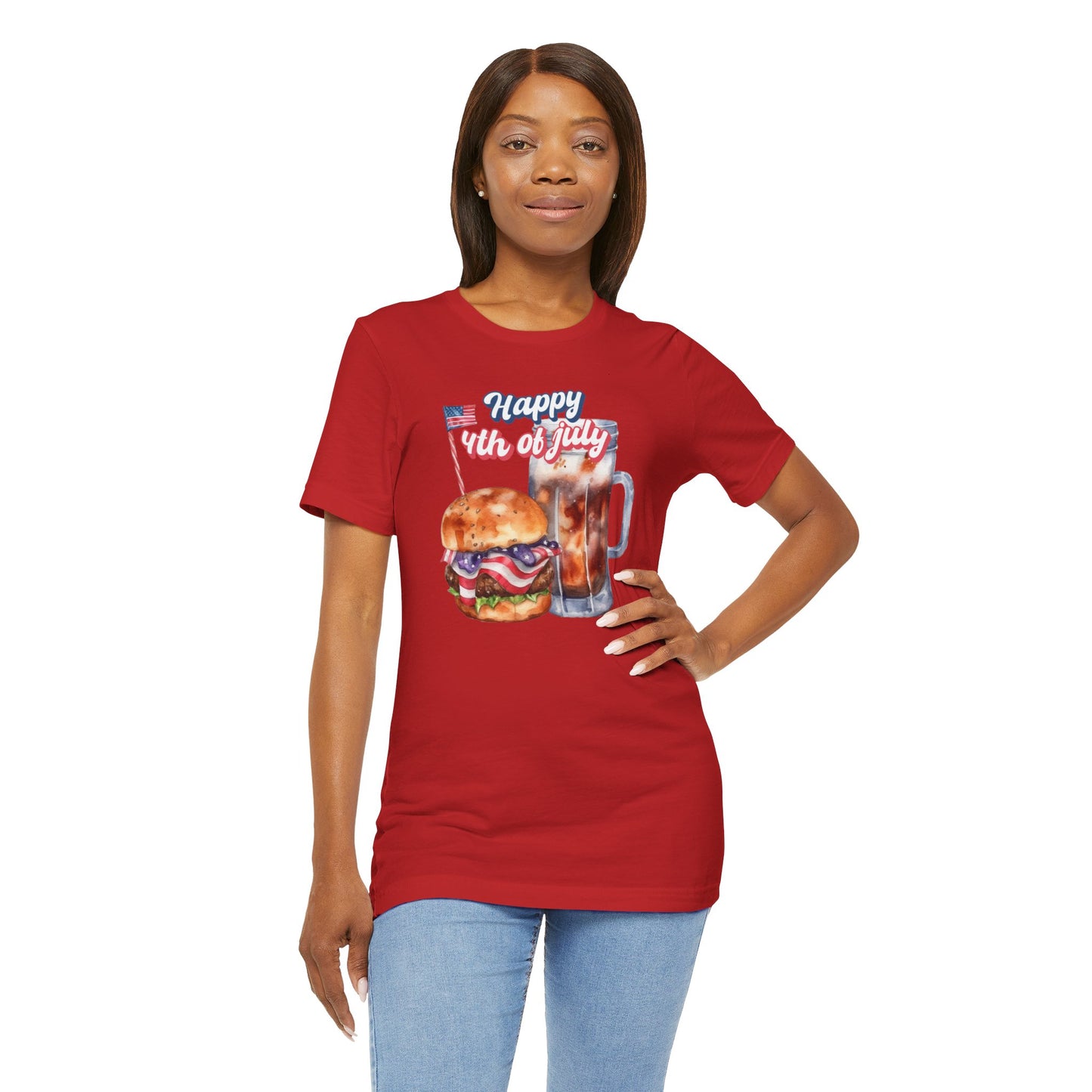 Happy 4th Of July Burger and Mug Graphic, Unisex Jersey Short Sleeve Tee