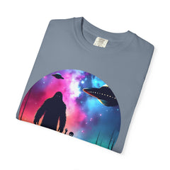 Bigfoot & Alien Nightscape T-Shirt — Sasquatch UFO Graphic Tee