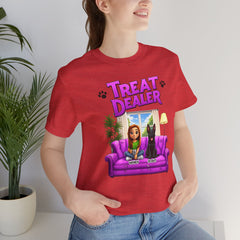 Personalized Treat Dealer T-Shirt — Funny Pet Lover Tee with Girl and Dog on Purple Couch