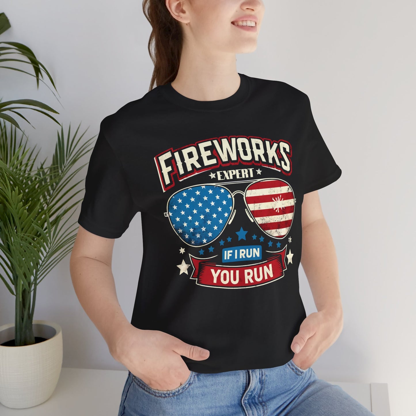 Fireworks Expert, If I Run You Run, Sunglasses  Graphic, Unisex Jersey Short Sleeve Tee