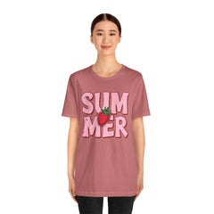 Summer Strawberry T-Shirt — Cute Pink Graphic Tee with Strawberry "SUMMER" Design