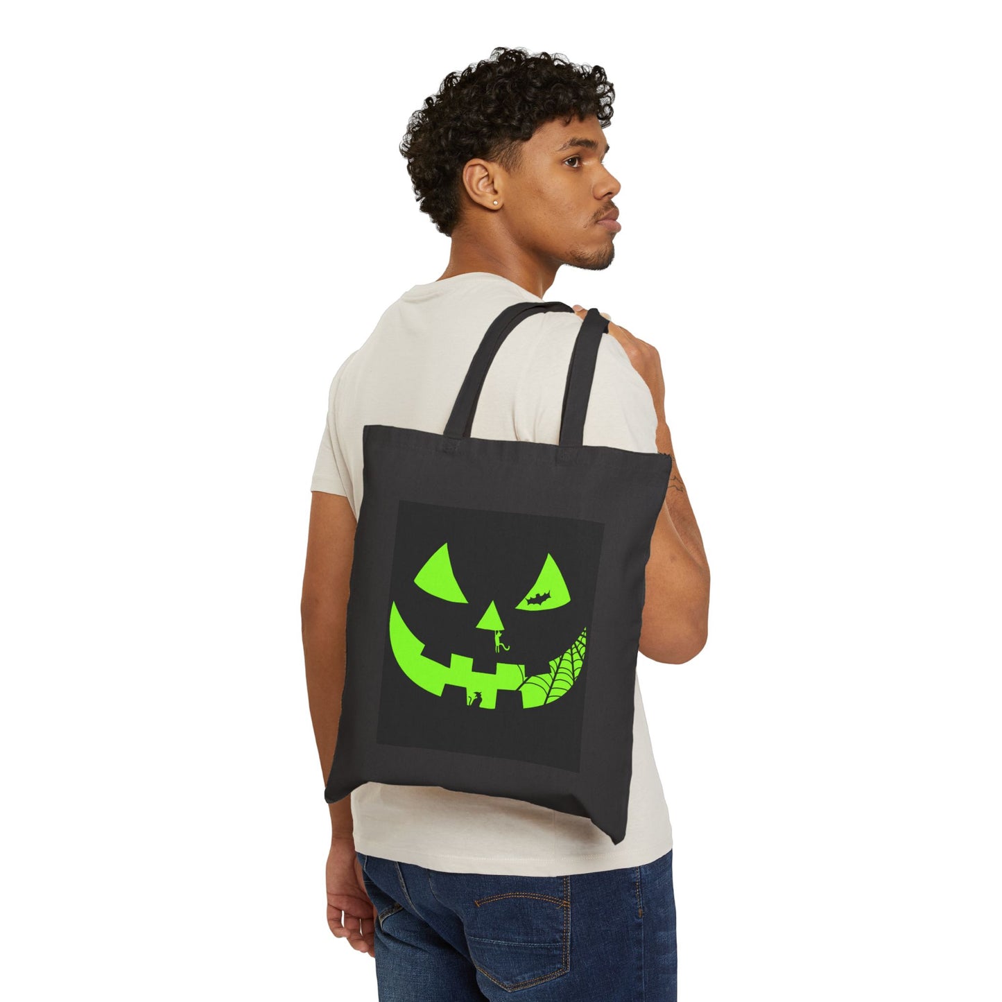 Halloween tote bag, spooky graphics bag, cotton canvas bag, Halloween gift, trick or treat bag, Halloween accessory. ghostly graphics bag