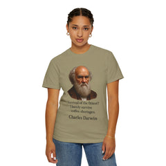 Darwin Coffee Funny T-Shirt — "Survival of the Fittest? I Barely Survive Coffee Shortages."