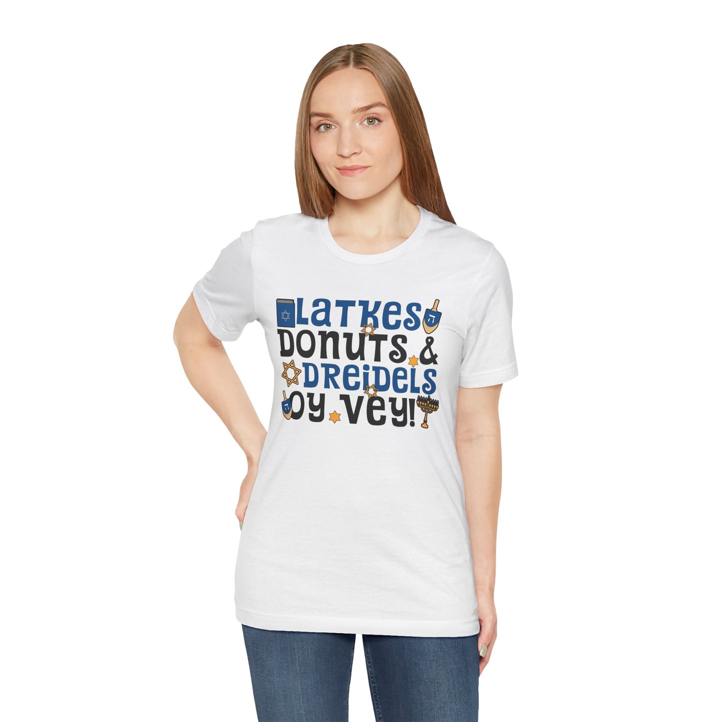 Latkes, Donuts, Dreidel, Oy Vey! - Unisex Jersey Short Sleeve Tee