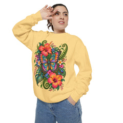 Floral Butterfly Sweatshirt — Tropical Hibiscus Garden Crewneck