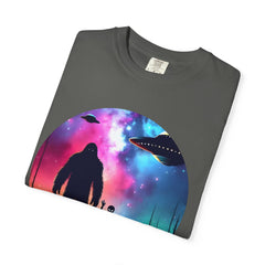 Bigfoot & Alien Nightscape T-Shirt — Sasquatch UFO Graphic Tee