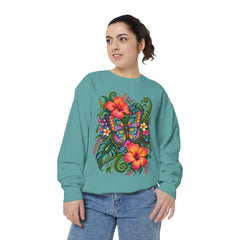 Floral Butterfly Sweatshirt — Tropical Hibiscus Garden Crewneck