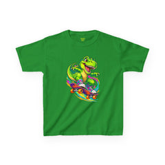 Kids Skateboarding T‑Rex Tee — Neon Dino Skateboard Shirt for Boys & Girls