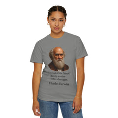 Darwin Coffee Funny T-Shirt — "Survival of the Fittest? I Barely Survive Coffee Shortages."