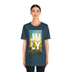 July Sunflower T‑Shirt – Summer Graphic Tee with 'JULY' Text