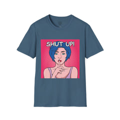 SHUT UP Pop Art Woman striking a Librarian pose Unisex Softstyle T Shirt
