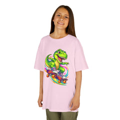 Kids Skateboarding T‑Rex Tee — Neon Dino Skateboard Shirt for Boys & Girls