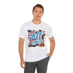 WTF Is A Kilometer? Patriotic Graphic Tee - Funny USA Eagle Burger Design