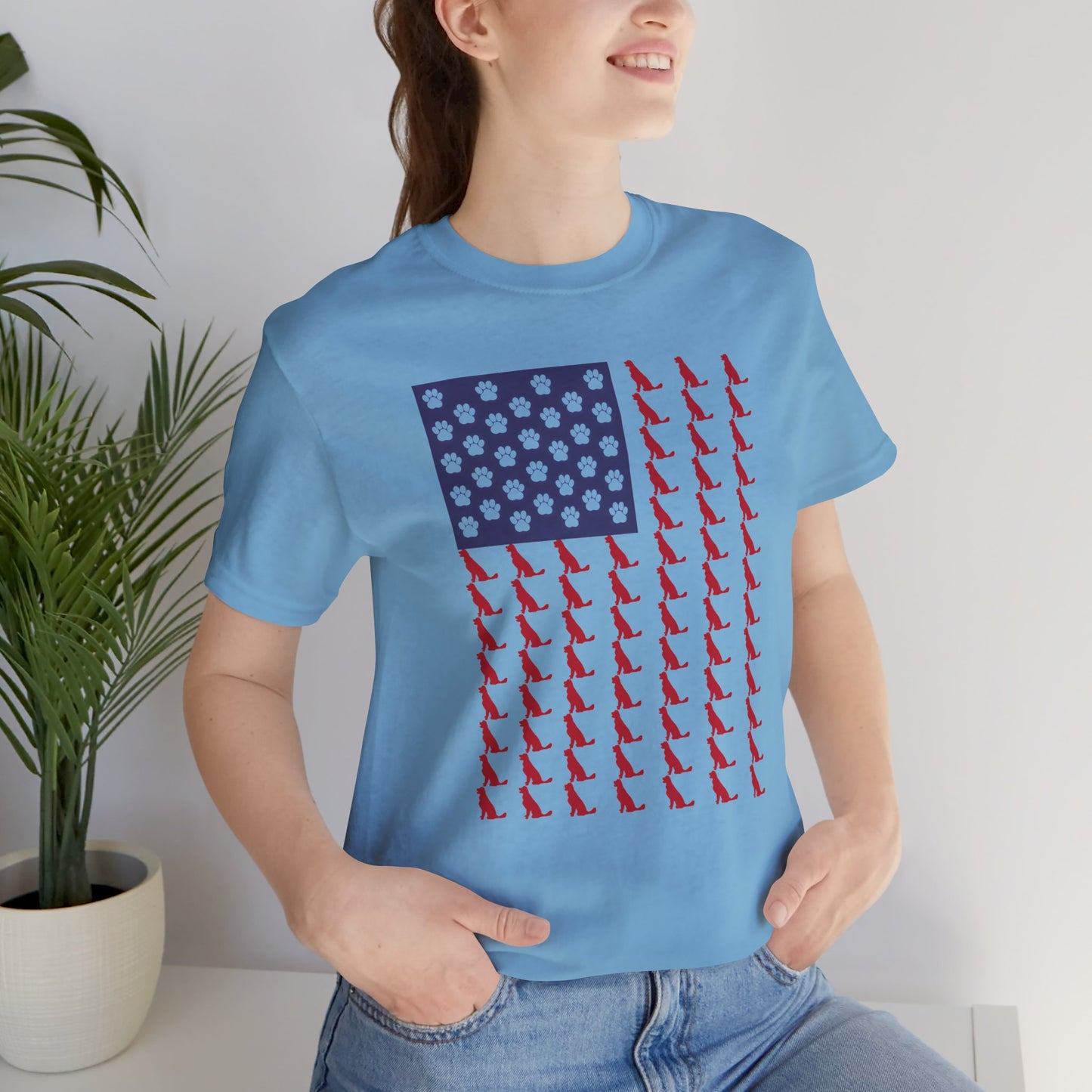 Personalized Dog Silhouette on American Flag - Tell us your dog breed, Unisex Short Sleeve Tee, Golden Retriever Silhouette Shown, Patriotic Shirt, Patriotic Pooch