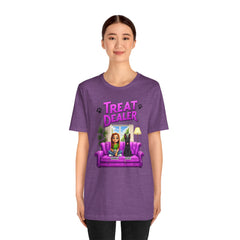 Personalized Treat Dealer T-Shirt — Funny Pet Lover Tee with Girl and Dog on Purple Couch