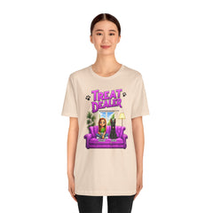 Personalized Treat Dealer T-Shirt — Funny Pet Lover Tee with Girl and Dog on Purple Couch