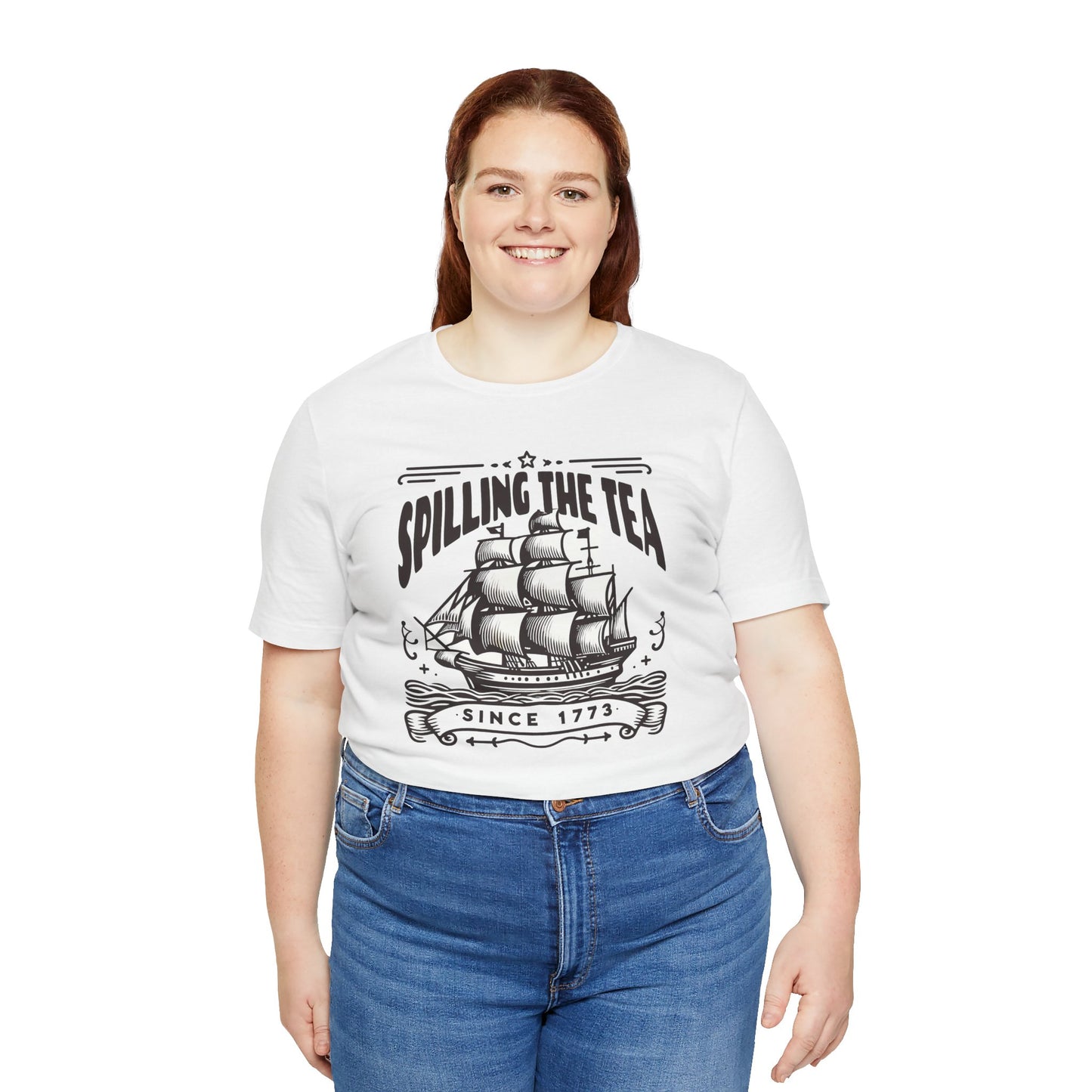 Spilling The Tea Since 1773, Sailing Ship Graphic, Unisex Jersey Short Sleeve Tee