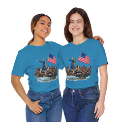 Historical Fever Patriot T‑Shirt — Revolutionary Flag Rowboat Design