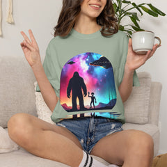 Bigfoot & Alien Nightscape T-Shirt — Sasquatch UFO Graphic Tee