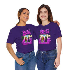 Personalized Treat Dealer T-Shirt — Funny Pet Lover Tee with Girl and Dog on Purple Couch