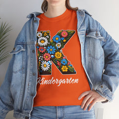 Kindergarten Floral Letter Tee, Kids Birthday Gift, Teacher Appreciation Shirt, Spring Celebration Tee, Unisex Cotton Tee