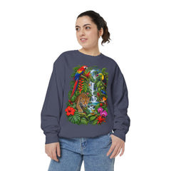 Tropical Jungle Waterfall With Leopard and Parrot Sweatshirt
