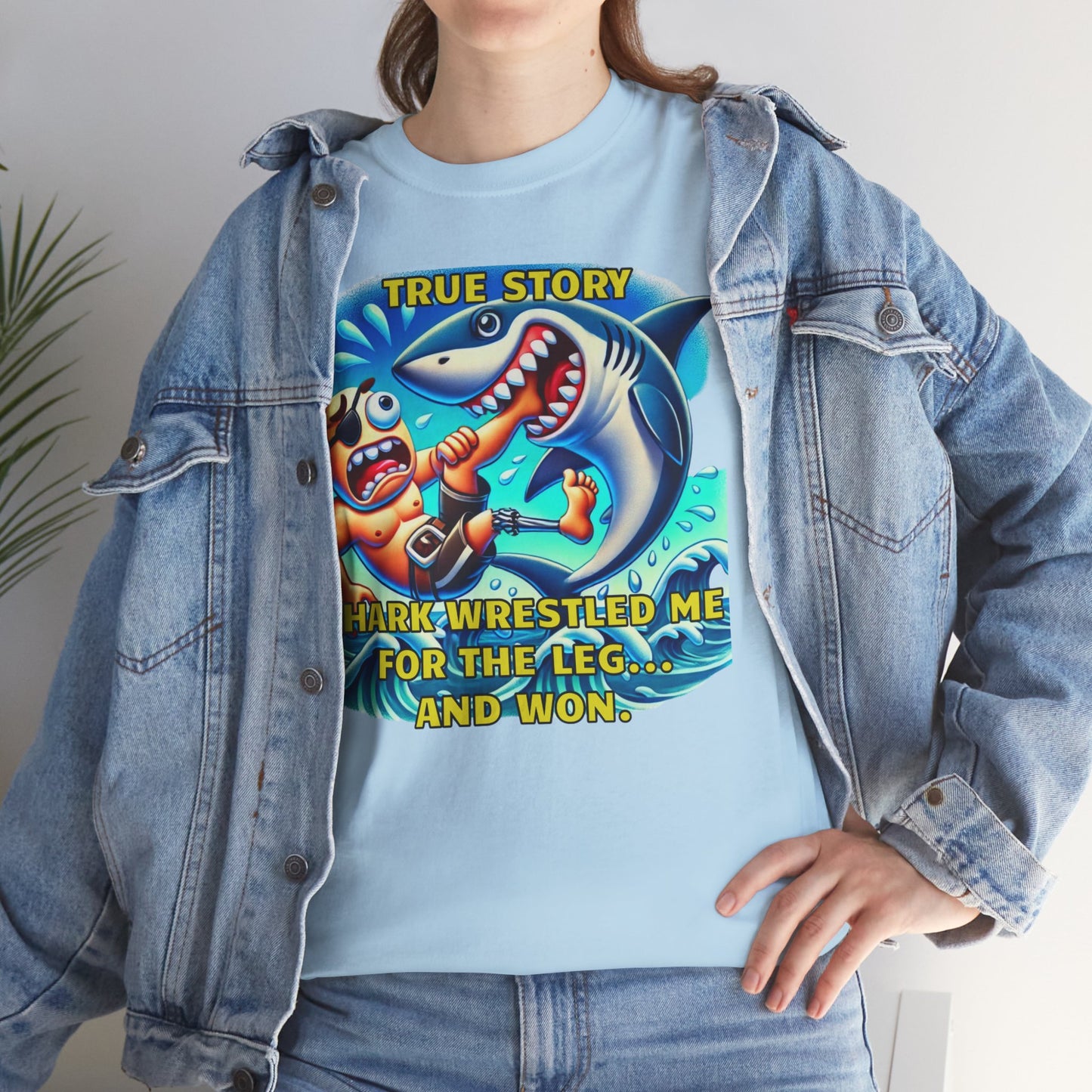 Amputee Humor True Story Shark Wrestled Me For The Leg, And Won - Unisex Heavy Cotton Tee