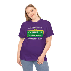 FUNNY T SHIRT  ALL YOUR LIFE IS CHANNEL 13 SESAME STREET WHAT DOES IT MEAN? MUSIC LYRICS. Unisex Heavy Cotton Tee