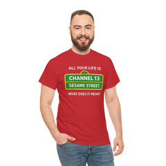 FUNNY T SHIRT  ALL YOUR LIFE IS CHANNEL 13 SESAME STREET WHAT DOES IT MEAN? MUSIC LYRICS. Unisex Heavy Cotton Tee
