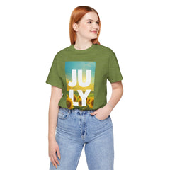 July Sunflower T‑Shirt – Summer Graphic Tee with 'JULY' Text