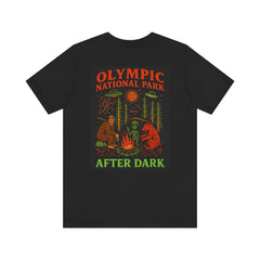 Funny Eerie Adventure Unisex Tee - Olympic National Park Camping Shirt, Bigfoot, Aliens and Bears by the Campfire