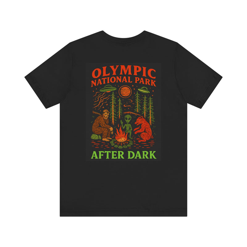Funny Eerie Adventure Unisex Tee - Olympic National Park Camping Shirt, Bigfoot, Aliens and Bears by the Campfire