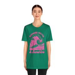 Summer Waves & Sunshine Tee — Retro Pink Surf Graphic T-Shirt