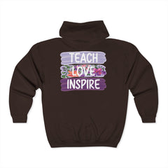 Teach Love Inspire Hoodie - Cozy Unisex Zip-Up Sweatshirt for Educators and Motivators