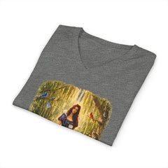Forest Maiden V-Neck Tee — Woman with Dog & Nature Illustration