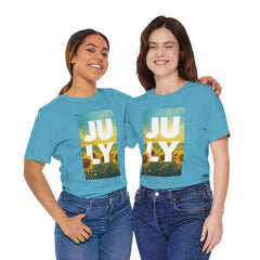July Sunflower T‑Shirt – Summer Graphic Tee with 'JULY' Text
