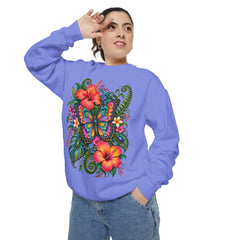 Floral Butterfly Sweatshirt — Tropical Hibiscus Garden Crewneck