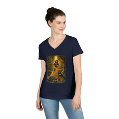Fairy Tale Snow White & Dog V-Neck T-Shirt — Whimsical Princess Forest Graphic