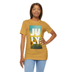 July Sunflower T‑Shirt – Summer Graphic Tee with 'JULY' Text