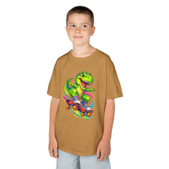 Kids Skateboarding T‑Rex Tee — Neon Dino Skateboard Shirt for Boys & Girls