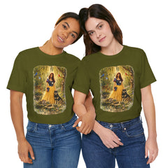 Fairy Tale Forest Tee — Woman with Dog Vintage Fantasy Graphic Shirt
