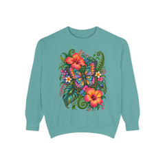 Floral Butterfly Sweatshirt — Tropical Hibiscus Garden Crewneck