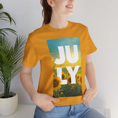 July Sunflower T‑Shirt – Summer Graphic Tee with 'JULY' Text