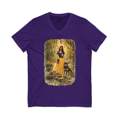 Forest Maiden V-Neck Tee — Woman with Dog & Nature Illustration
