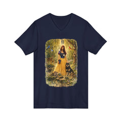 Forest Maiden V-Neck Tee — Woman with Dog & Nature Illustration
