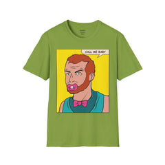 Call Me Baby Unisex Softstyle T-Shirt  Pop Art Bearded Guy with a pacifier and a bow tie