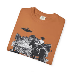 UFO Meets Cowboy Vintage Graphic T-Shirt — Retro Western Alien Tee
