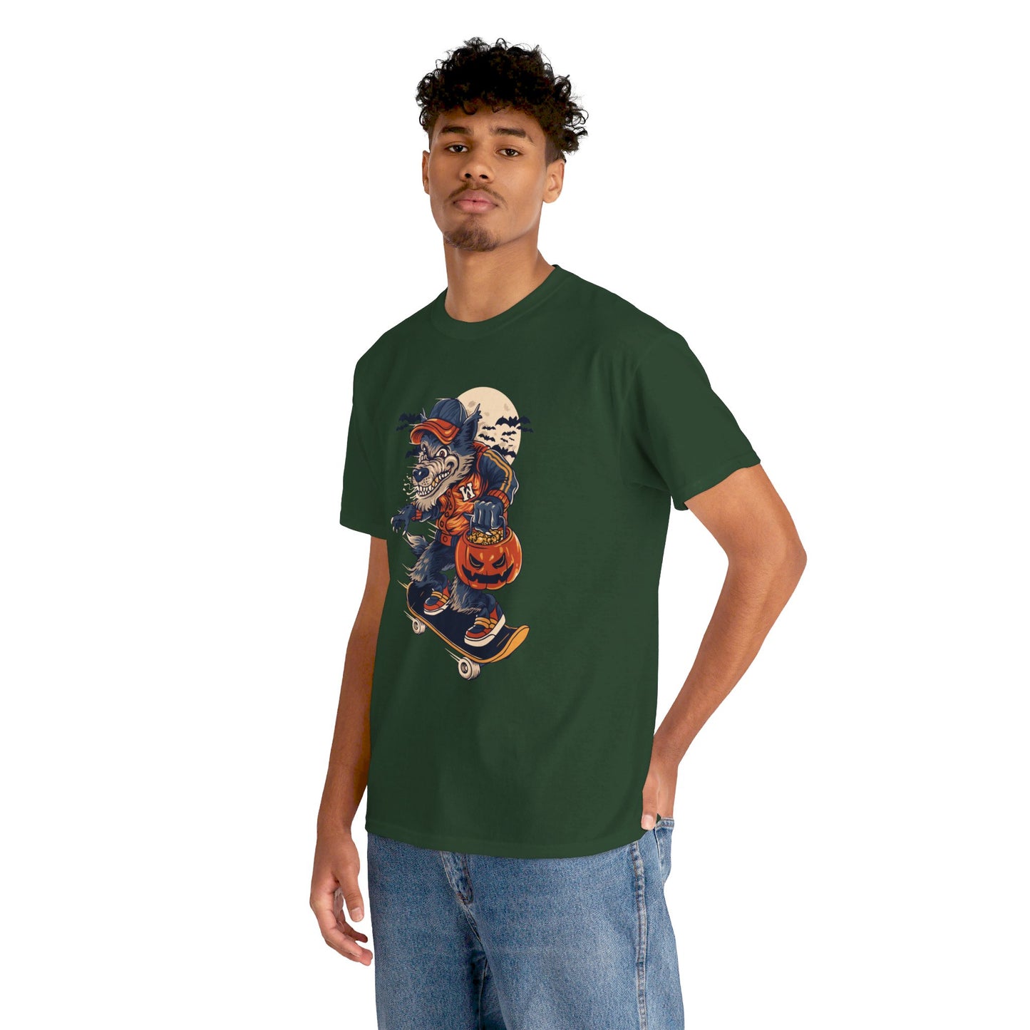 Trick or Treat Skateboarding Wolf! Graphic Unisex Heavy Cotton Tee