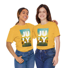 July Sunflower T‑Shirt – Summer Graphic Tee with 'JULY' Text