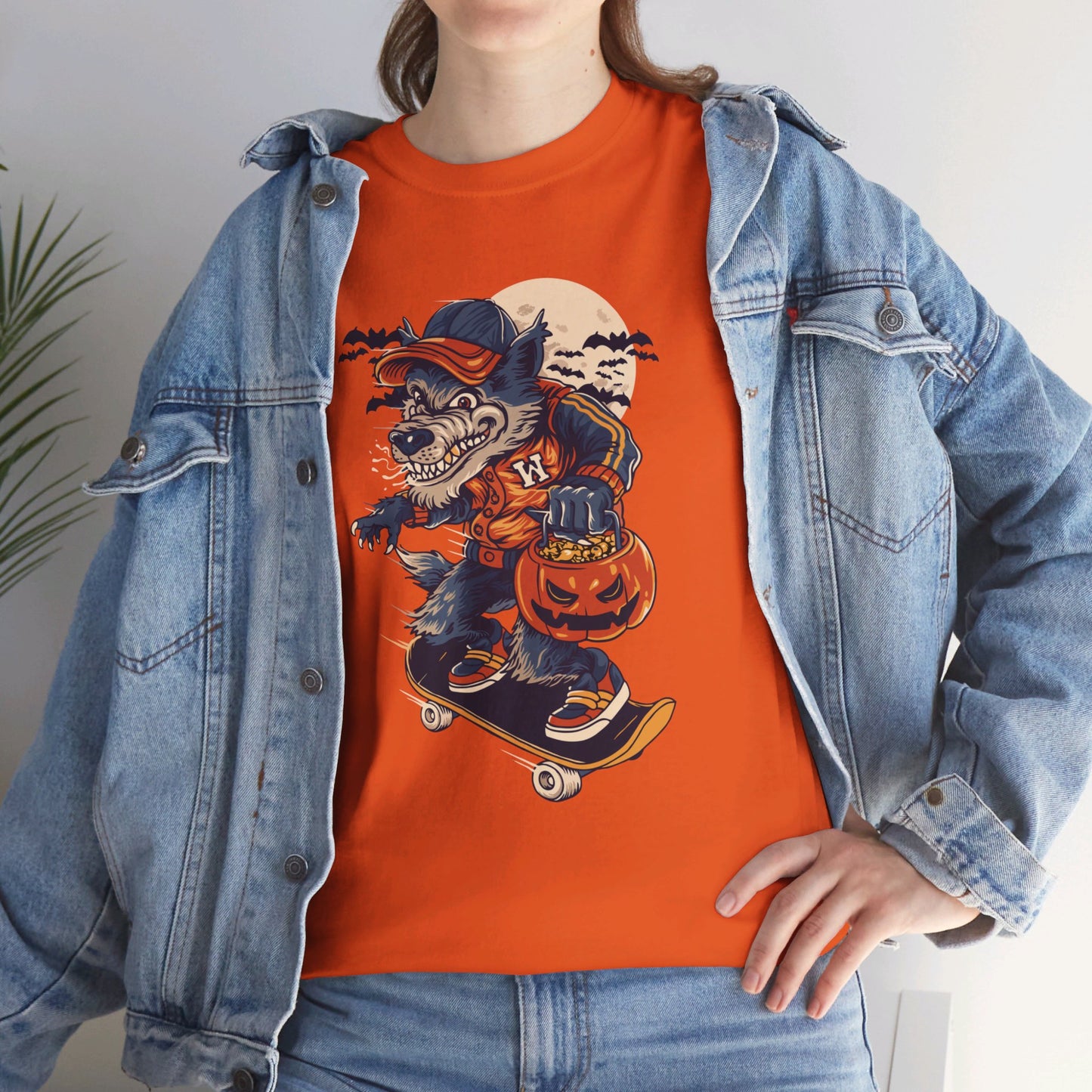 Trick or Treat Skateboarding Wolf! Graphic Unisex Heavy Cotton Tee